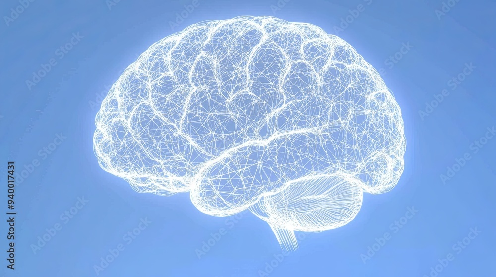 A white, glowing, wireframe brain against a blue background. A white, glowing, wireframe brain against a blue background.