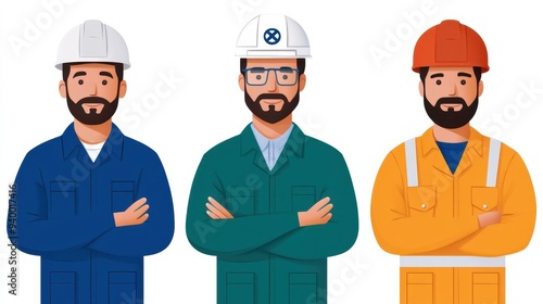 Three confident male workers in safety gear, representing teamwork and professionalism in construction or industrial settings.