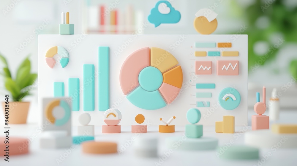 D Pastel Charts Graphs and Icons on White Background D Pastel Charts Graphs and Icons on White Background