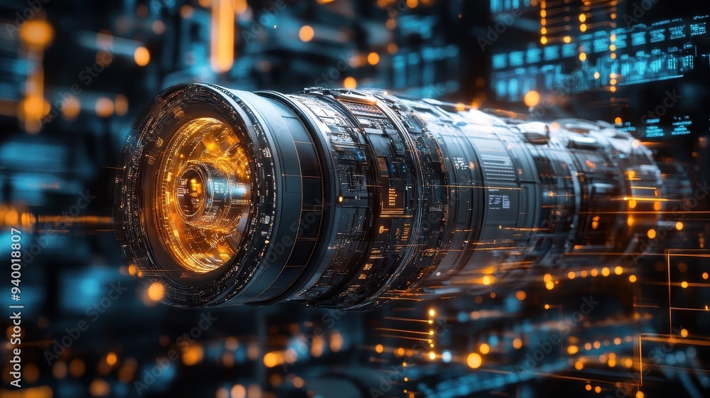 Futuristic Technology Concept Lens with Circuitry and Data Flow Futuristic Technology Concept Lens with Circuitry and Data Flow