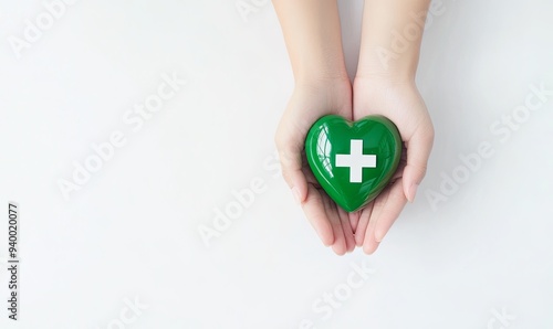 Wallpaper Mural Two hands hold a green heart with a white cross symbol in the center, on a white background. Torontodigital.ca