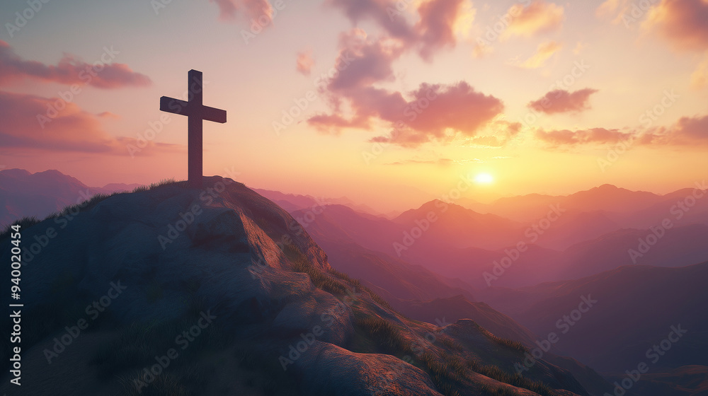 sunset glow across sky, cross atop mountain seemed to illuminate with divine light, a powerful symbol of Jesus Christ and the profound connection between God and religion amidst drifting clouds. sunset glow across sky, cross atop mountain seemed to illuminate with divine light, a powerful symbol of Jesus Christ and the profound connection between God and religion amidst drifting clouds.