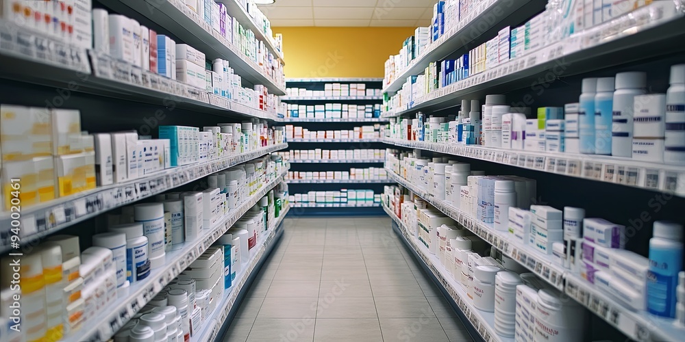Aisle of a pharmacy with shelves stocked with various pharmaceutical products. Aisle of a pharmacy with shelves stocked with various pharmaceutical products.