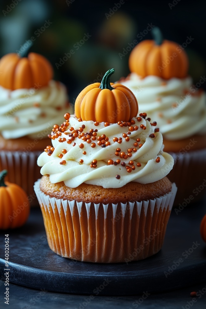 Seasonal Pumpkin Swirled Cupcakes with frosting and decorative pumpkins on top, halloween party theme food ideas for kids or adults Seasonal Pumpkin Swirled Cupcakes with frosting and decorative pumpkins on top, halloween party theme food ideas for kids or adults