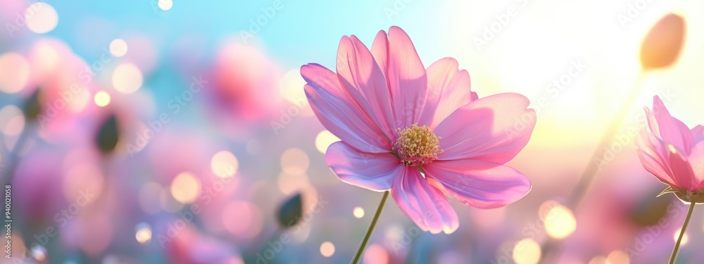 3D cartoon depiction of a pink cosmos flower with a blurred background 3D cartoon depiction of a pink cosmos flower with a blurred background