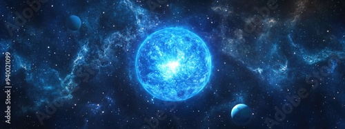 Wallpaper Mural 3D illustration of a giant blue star in deep space featuring planets and a star field in a cartoon style Torontodigital.ca