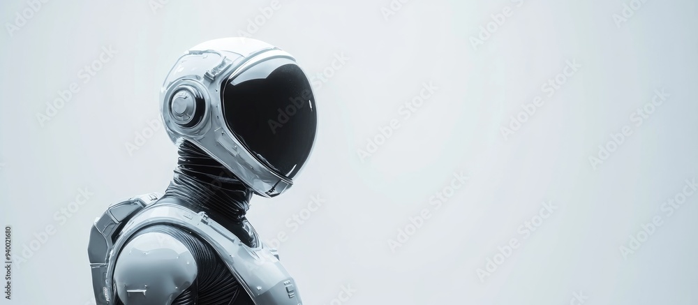 3D illustration of a silver spaceman astronaut in a side view against a light grey background with neutral diffused side lighting 3D illustration of a silver spaceman astronaut in a side view against a light grey background with neutral diffused side lighting