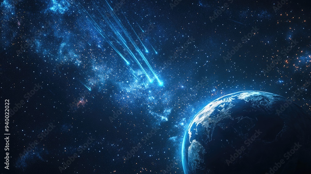 Obraz premium Colorful starry space featuring planet earth with a perseid meteor shower in a 3D cartoon rendering accompanied by copy space HD space header or banner design