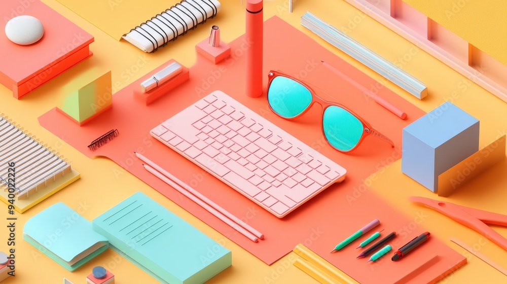 Minimalist Office Supplies on Pastel Yellow and Orange Background Minimalist Office Supplies on Pastel Yellow and Orange Background
