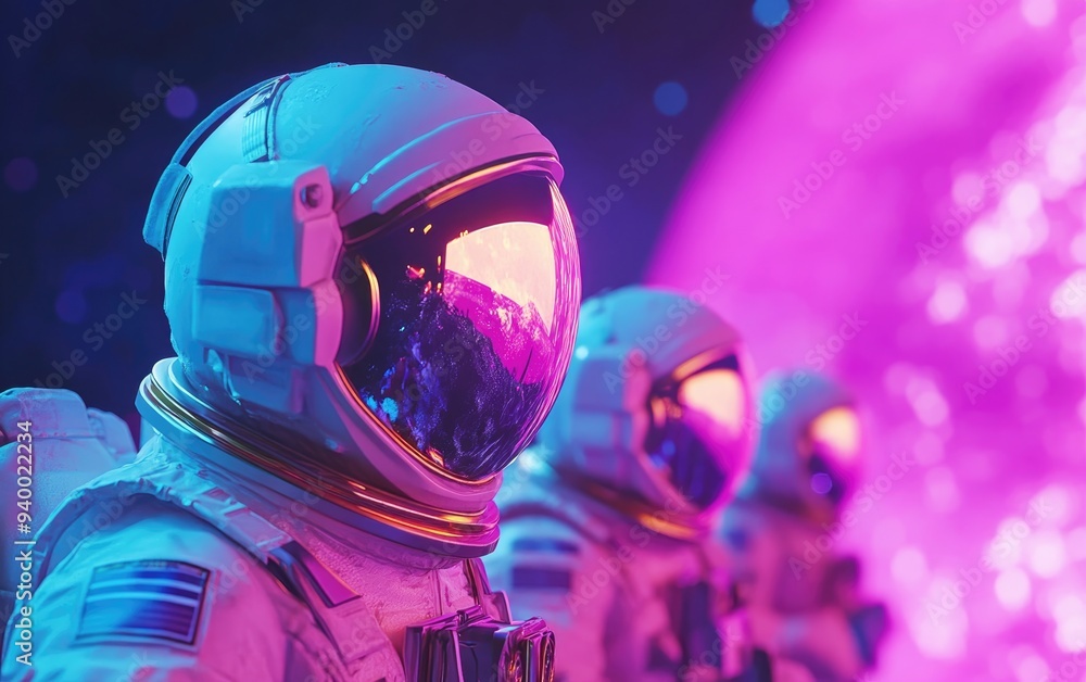 3D cartoon representation of astronauts in space suits close to the Earth featuring a collage of the Artemis crew in orbit 3D cartoon representation of astronauts in space suits close to the Earth featuring a collage of the Artemis crew in orbit