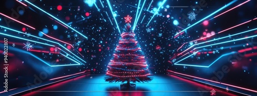 Neon techno Christmas tree in a 3D cartoon rendering with a cosmic blue dark retro futuristic abstract background photo