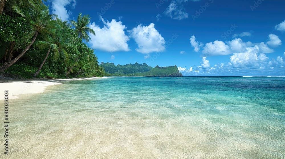 Naklejka premium Serene tropical beach with clear turquoise water, soft sand, and lush palm trees under a bright blue sky. Perfect for relaxation.