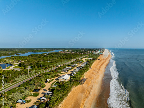 Aerial view of A1A and the Atlantic coastline in Flagler Beach, Florida.