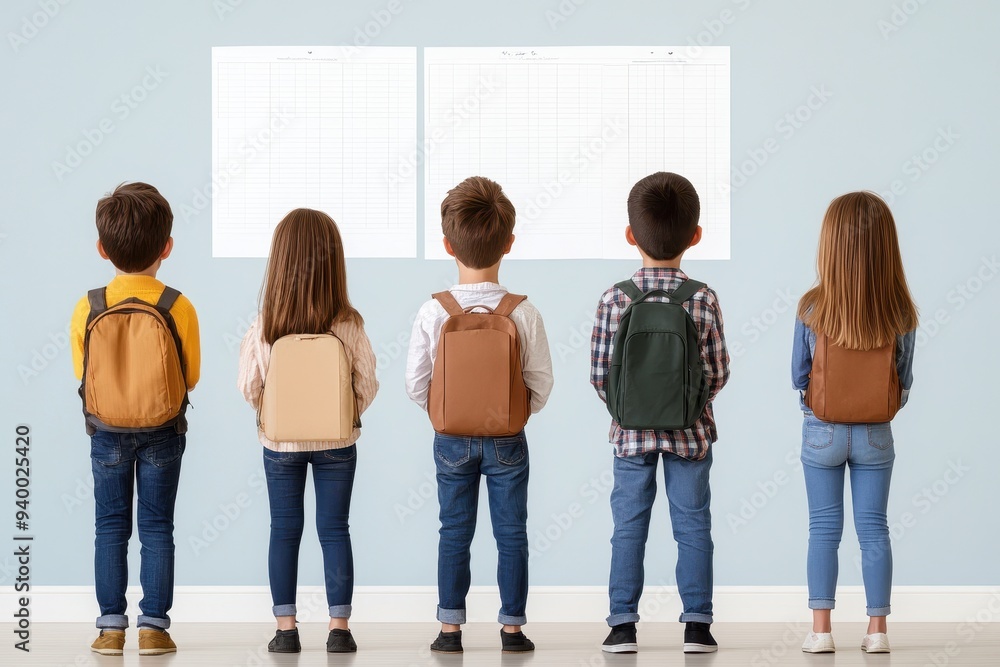 Group of children with backpacks facing a blank wall, ready for school or learning activities, symbolizing education and growth. Group of children with backpacks facing a blank wall, ready for school or learning activities, symbolizing education and growth.
