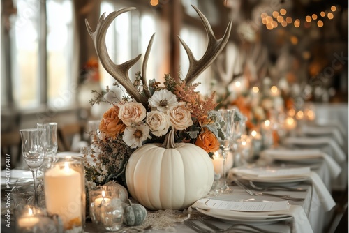 A white pumpkin and antler centerpieces with candles on the table for an autumn wedding, and fall floral arrangements