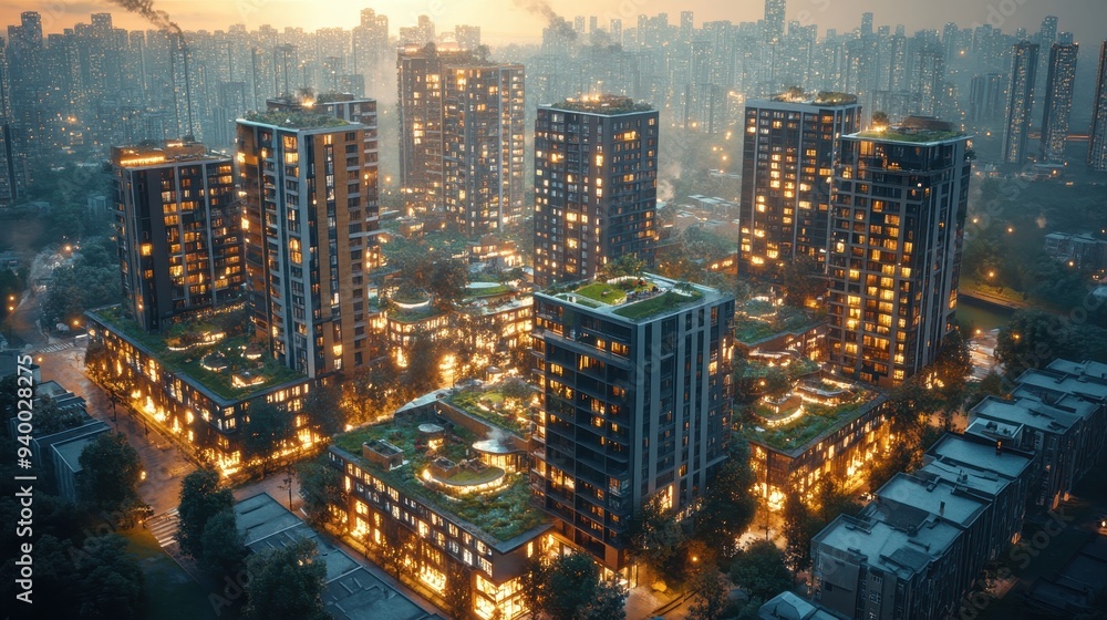 Modern Urban Architecture with Green Roofs and Street Lights at Dusk Modern Urban Architecture with Green Roofs and Street Lights at Dusk