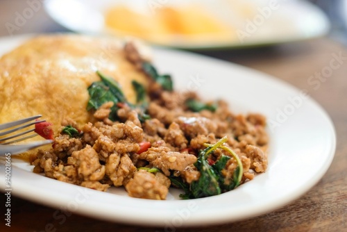 Photography A plate of pad kra pao (holy basil pork mince stir-fry) with omelette and mixed