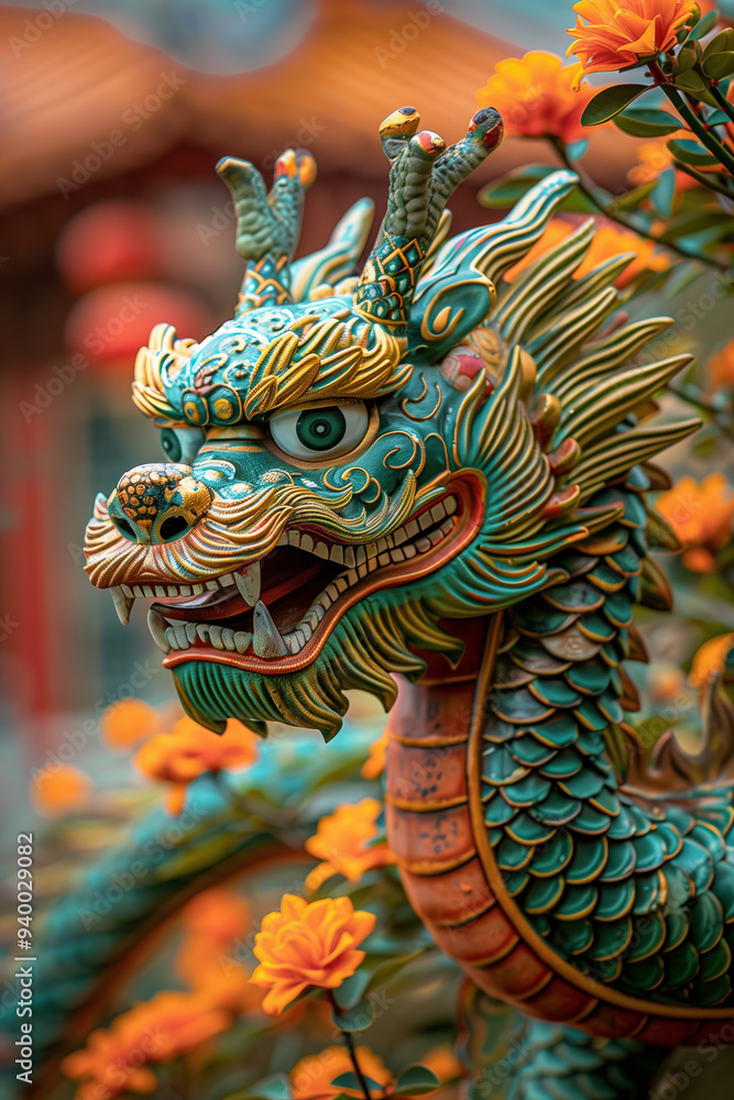 Obraz premium Intricate Chinese Dragon Statue Surrounded by Orange Flowers in a Traditional Setting