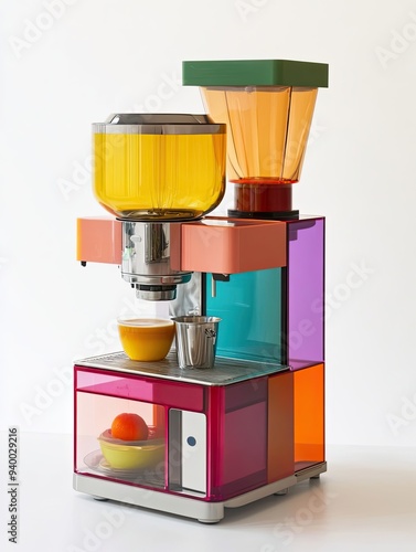 Colorful Espresso Machine with Glass Containers and a Cup of Coffee