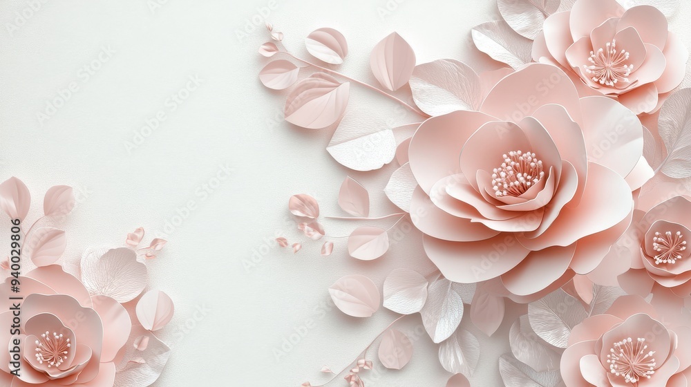 Delicate Pastel Paper Flowers and Leaves on White Background Delicate Pastel Paper Flowers and Leaves on White Background