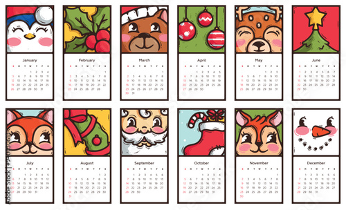 Cartoon vector illustration set with cute doodle Christmas gift, domestic and forest animals. Classic monthly calendar page. Happy New Year 2025. Penguin, Holly plant, berry, leaf, bear, ball, deer
