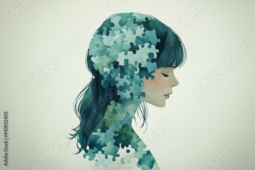 An abstract illustration of a woman composed of puzzle pieces symbolizing the complexity of self identity personal growth and the interconnectedness of thoughts and experiences photo