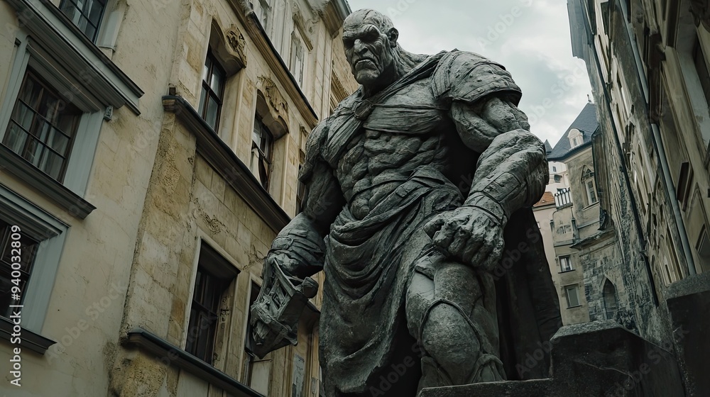 A Giant Stone Statue Standing Between Two Buildings A Giant Stone Statue Standing Between Two Buildings