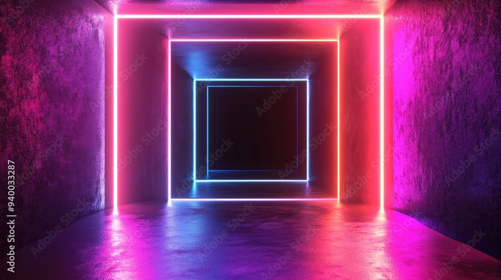 3D rendered illustration of a dark square set against a vibrant gradient background Geometric shape illuminated by intriguing neon lights creating a black hole ambiance effect 3D rendered illustration of a dark square set against a vibrant gradient background Geometric shape illuminated by intriguing neon lights creating a black hole ambiance effect