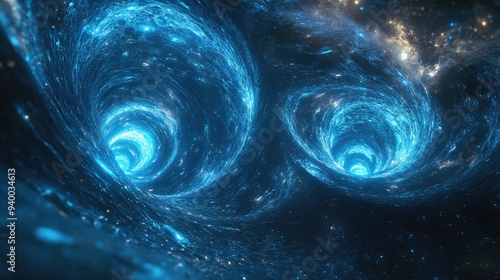 Abstract depiction of wormholes in space featuring luminous blue elements created through computer generated imagery 3D rendering