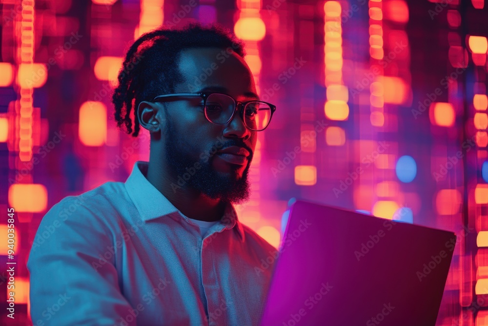 A man wearing glasses and a white shirt is looking at a laptop A man wearing glasses and a white shirt is looking at a laptop