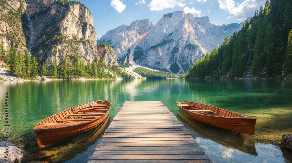 Obraz premium Serene Mountain Lake with Boats