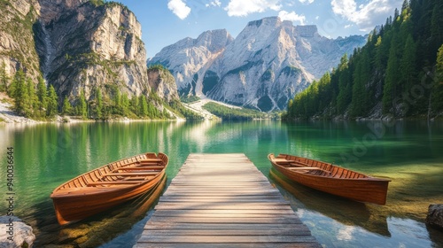 Serene Mountain Lake with Boats