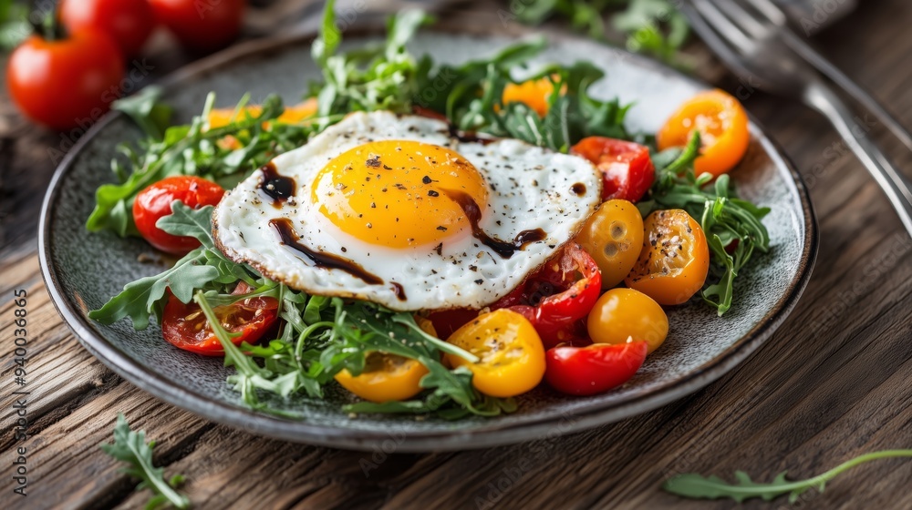 A gourmet plate with a sunny-side-up egg, vibrant veggies, and herbs evokes warmth and comfort. A gourmet plate with a sunny-side-up egg, vibrant veggies, and herbs evokes warmth and comfort.