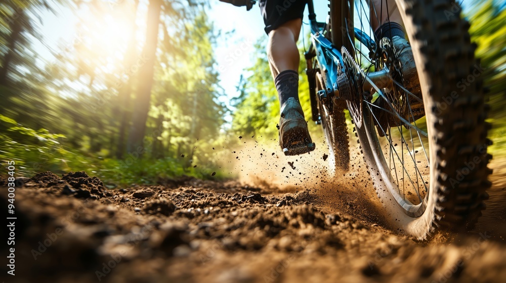 Naklejka premium Mountain Biking Adventure Close up of Wheel on Trail