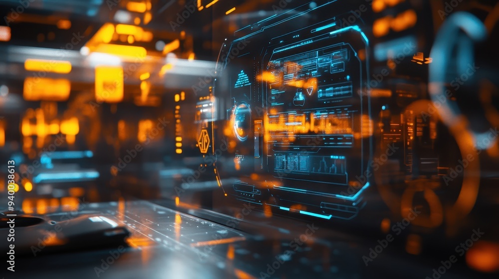 Futuristic Interface on Laptop with Orange Bokeh Lights Futuristic Interface on Laptop with Orange Bokeh Lights