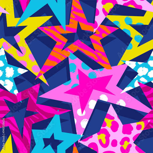 Abstract seamless chaotic pattern with urban geometric elements, scuffed, drops, stars and sprays. Grunge  neon texture background.