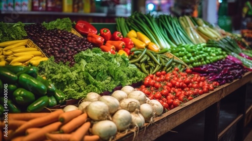 Farmers market counter colorful variety of fresh vegetables