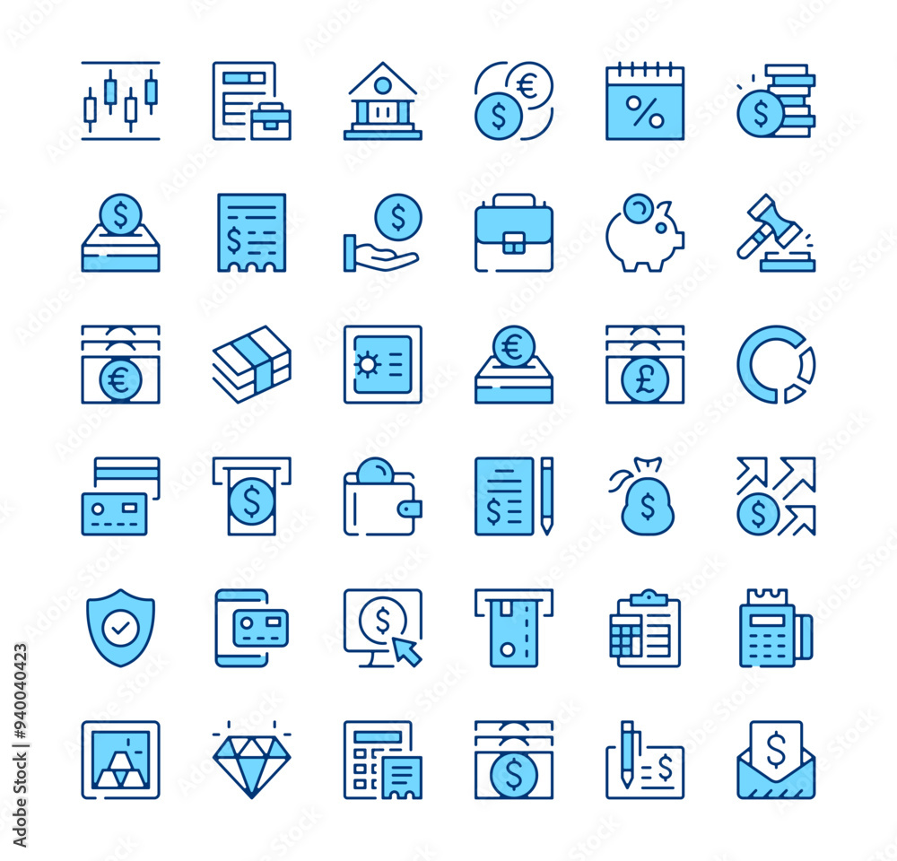 Banking icons. Outline symbols. Vector blue line icons set