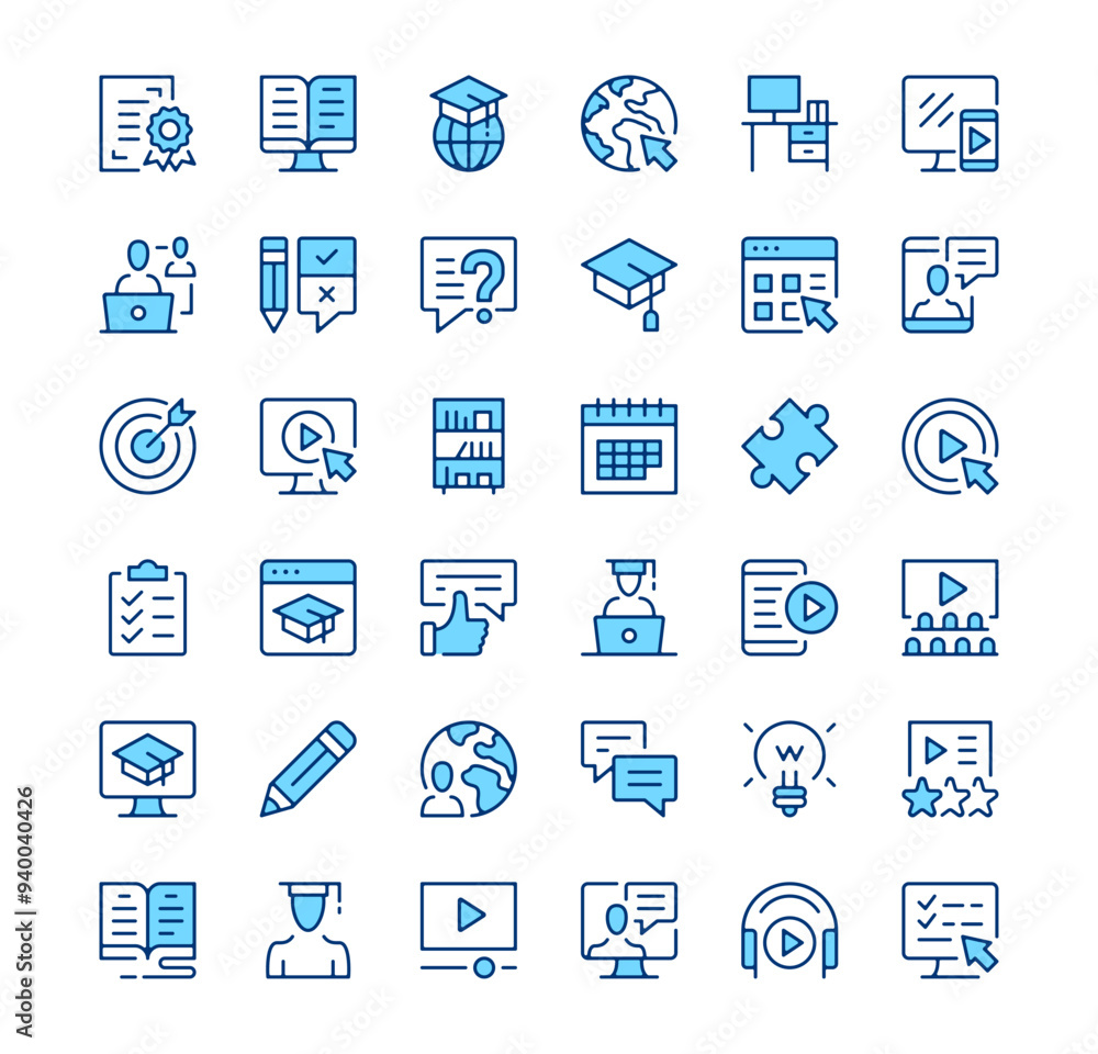 Online learning icons. Outline symbols. Vector blue line icons set Online learning icons. Outline symbols. Vector blue line icons set