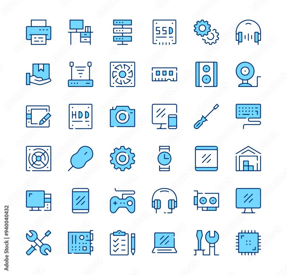 Computer hardware icons. Outline symbols. Vector blue line icons set