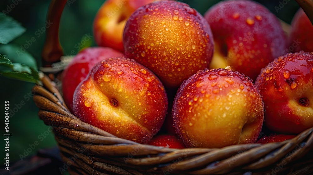 Ripe, Dew-Covered Peaches in a Wicker Basket Ripe, Dew-Covered Peaches in a Wicker Basket