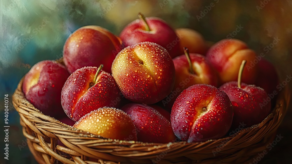 A Basket of Dewy Red Plums with Blurred Background A Basket of Dewy Red Plums with Blurred Background