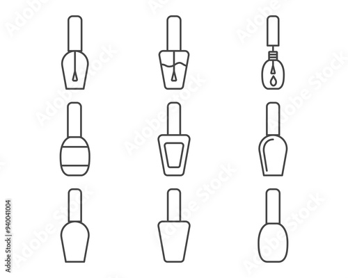 Collection linear vector graphic icons of beauty in the form of nail polish for manicure and pedicure.