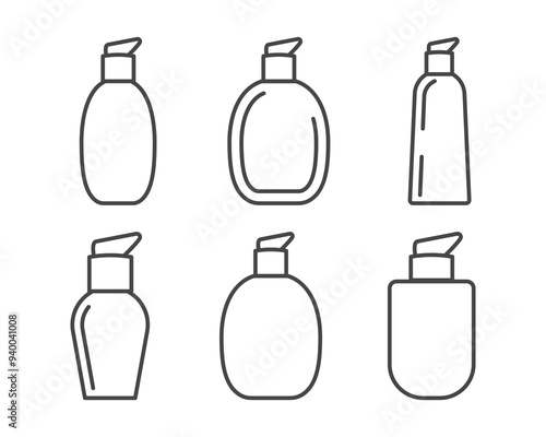 Collection vector icons of beauty, cosmetics and care. Bottle, jar, shower gel, face cream, body lotion, spray, ointment, paste.