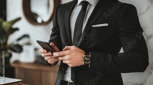 Contemporary CEO Portrait: Minimalist Style, Smartphone in Hand, Soft Focus, and Light Color Scheme Reflecting Modern Business Leadership