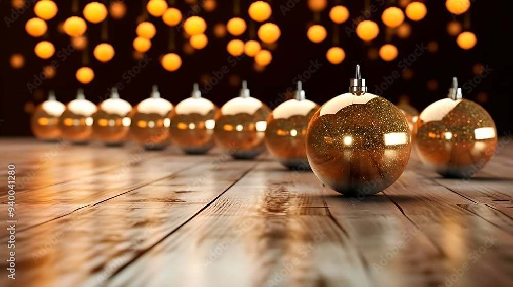 Fototapeta premium A row of gold colored Christmas ornaments are displayed on a wooden table. The shiny gold balls reflect light and create a warm, festive atmosphere
