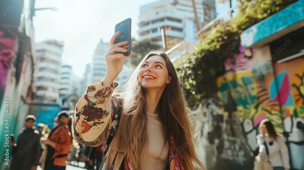 A woman joyfully takes a selfie amid colorful street art and bustling city life. A woman joyfully takes a selfie amid colorful street art and bustling city life.