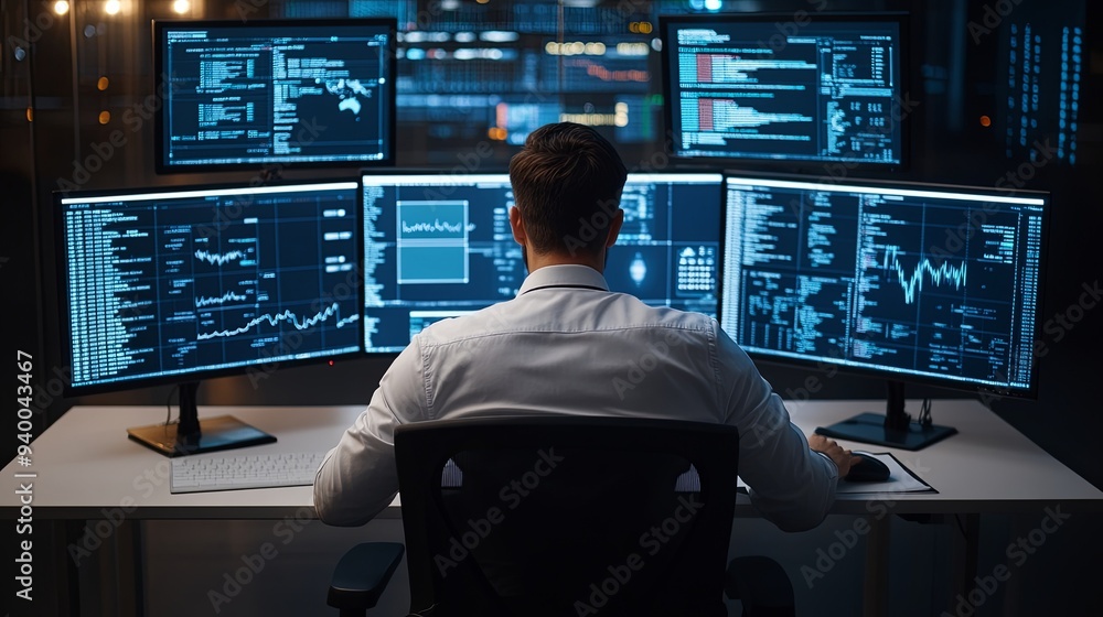 Focused Team Leader at Work: Multi-Monitor Setup, Minimalist Aesthetic, Soft-Edged Productivity in a Modern Office Environment Focused Team Leader at Work: Multi-Monitor Setup, Minimalist Aesthetic, Soft-Edged Productivity in a Modern Office Environment