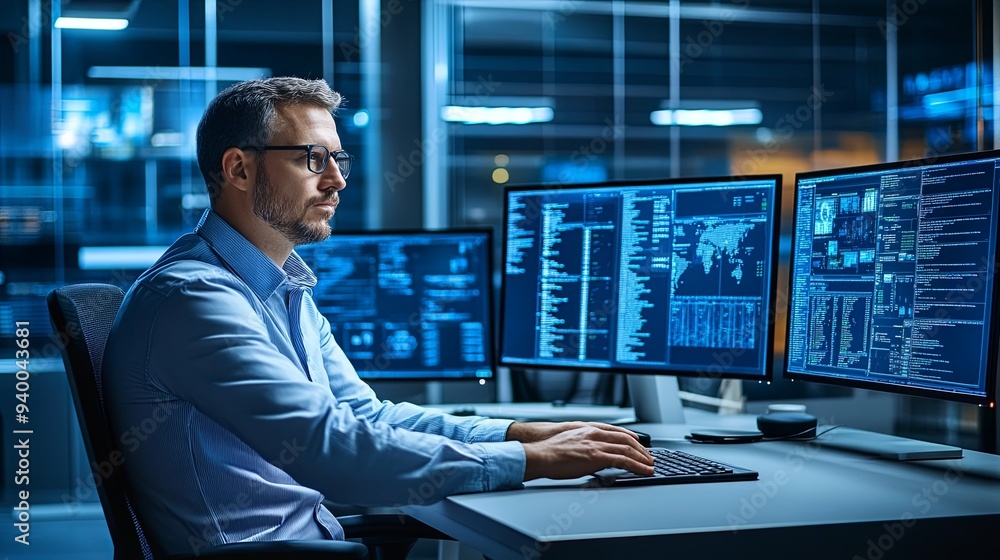 Efficient Leadership: A Modern Team Leader's Minimalist Desk Setup with Multiple Monitors, Soft Lighting and a Calm Work Atmosphere Efficient Leadership: A Modern Team Leader's Minimalist Desk Setup with Multiple Monitors, Soft Lighting and a Calm Work Atmosphere