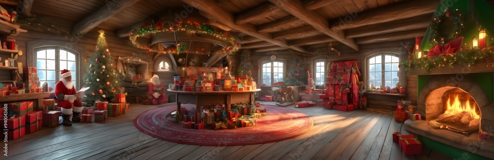 360 degree inside Santa's workshop at the North Pole, with elves busily crafting toys. HDRI spherical panorama. 360 degree inside Santa's workshop at the North Pole, with elves busily crafting toys. HDRI spherical panorama.